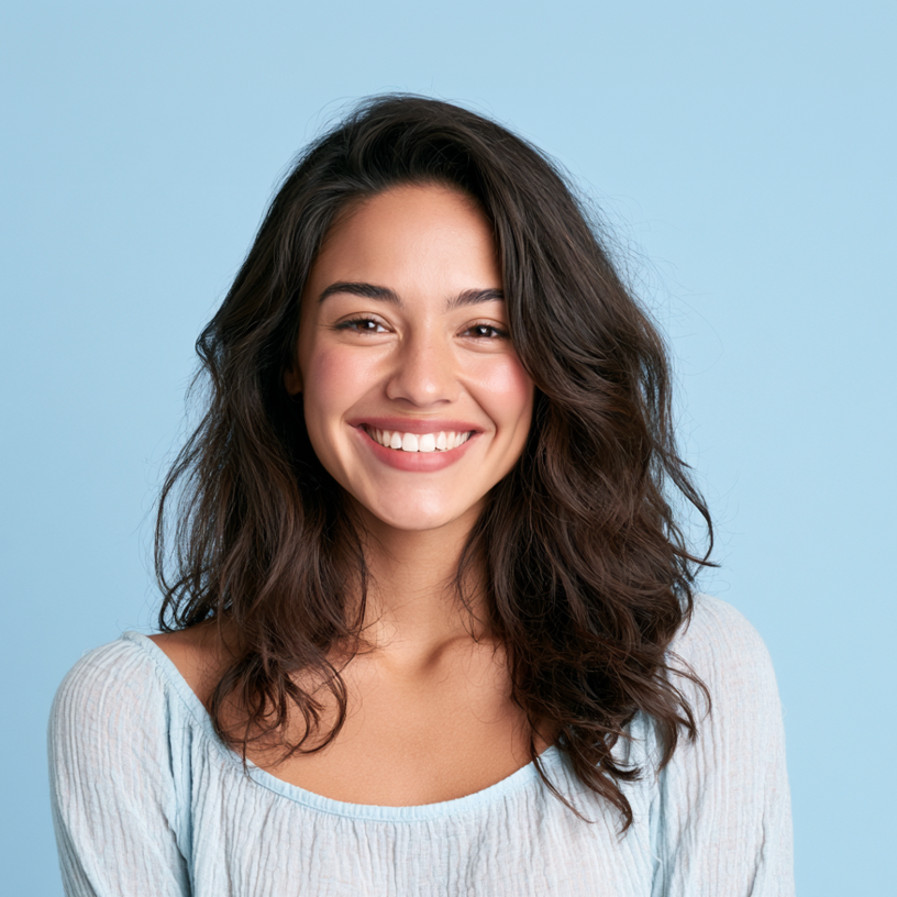 Smiling woman with dark wavy hair in a light blue top against a light blue background