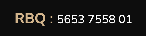 RBQ : 5653 7558 01, texte sur fond sombre.