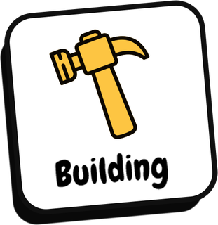 A yellow hammer is in a square with the word building below it.