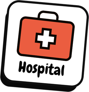 A red briefcase with a white cross and the word hospital on it.