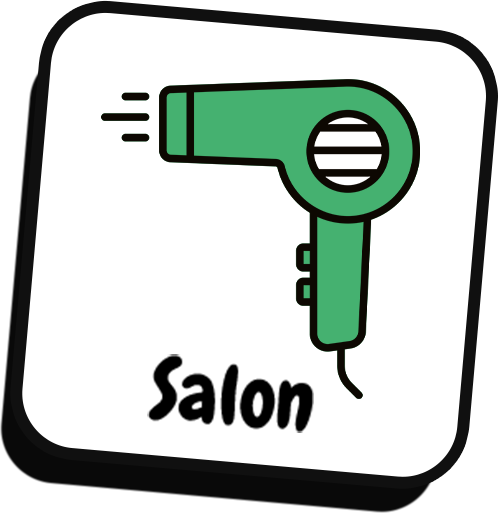 A green hair dryer is in a square with the word salon.