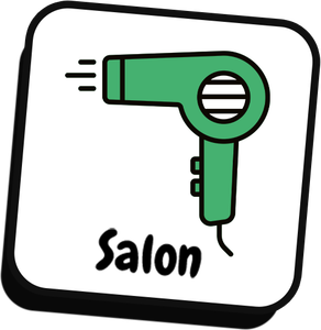A green hair dryer is in a square with the word salon.