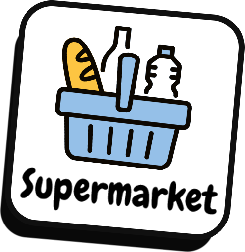 A logo for a supermarket with a basket filled with groceries.