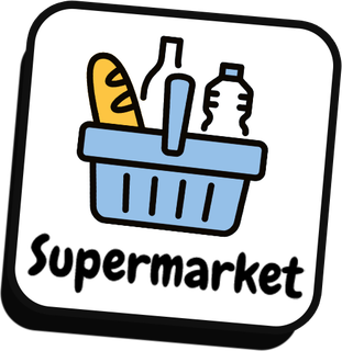 A logo for a supermarket with a basket filled with groceries.
