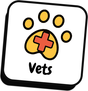 A cartoon illustration of a paw print with a red cross and the word vets.