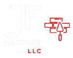 White "JF" initials and "MASONRY LLC" text, red brick and trowel icon.