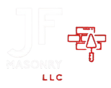 White "JF" initials and "MASONRY LLC" text, red brick and trowel icon.