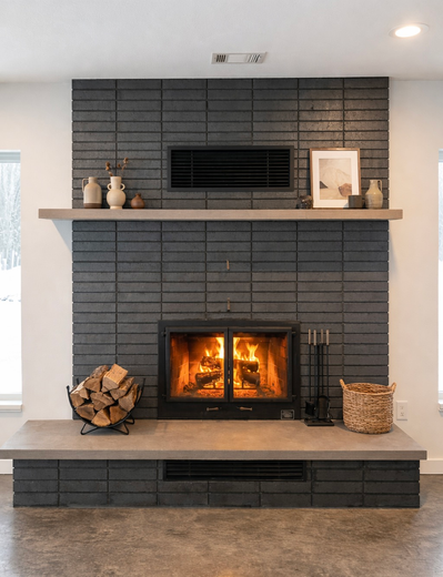 Fireplace with black brick surround, lit fire, and decorative shelf with vases and picture.
