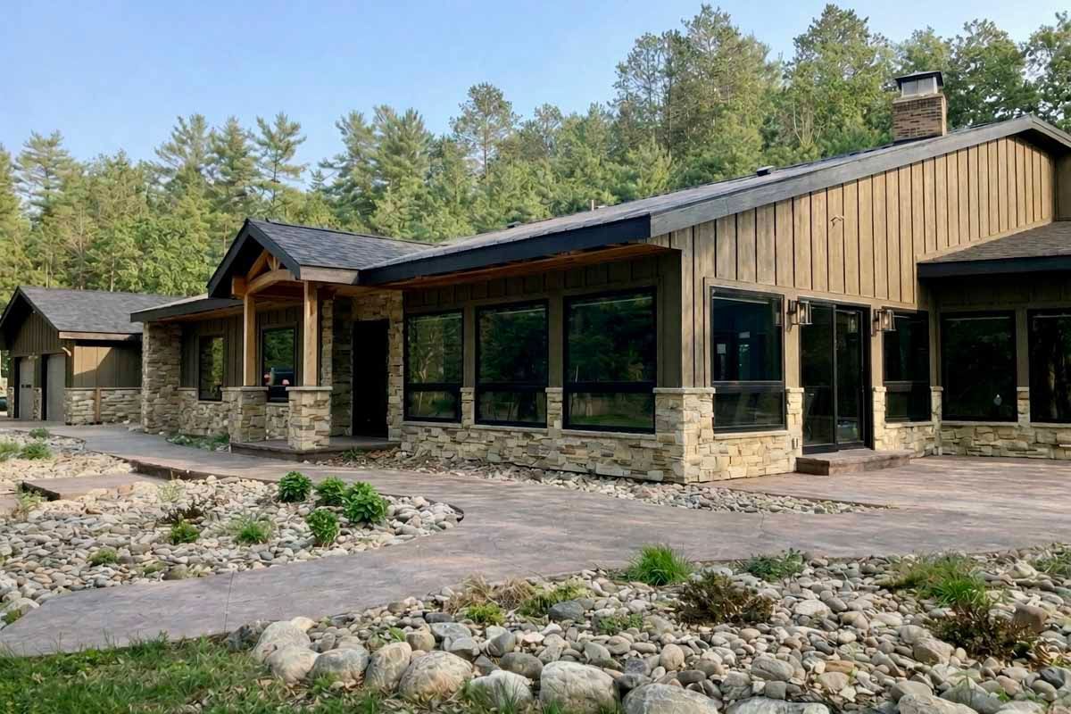 Stone and wood house with large windows, patio, and surrounding landscaping.
