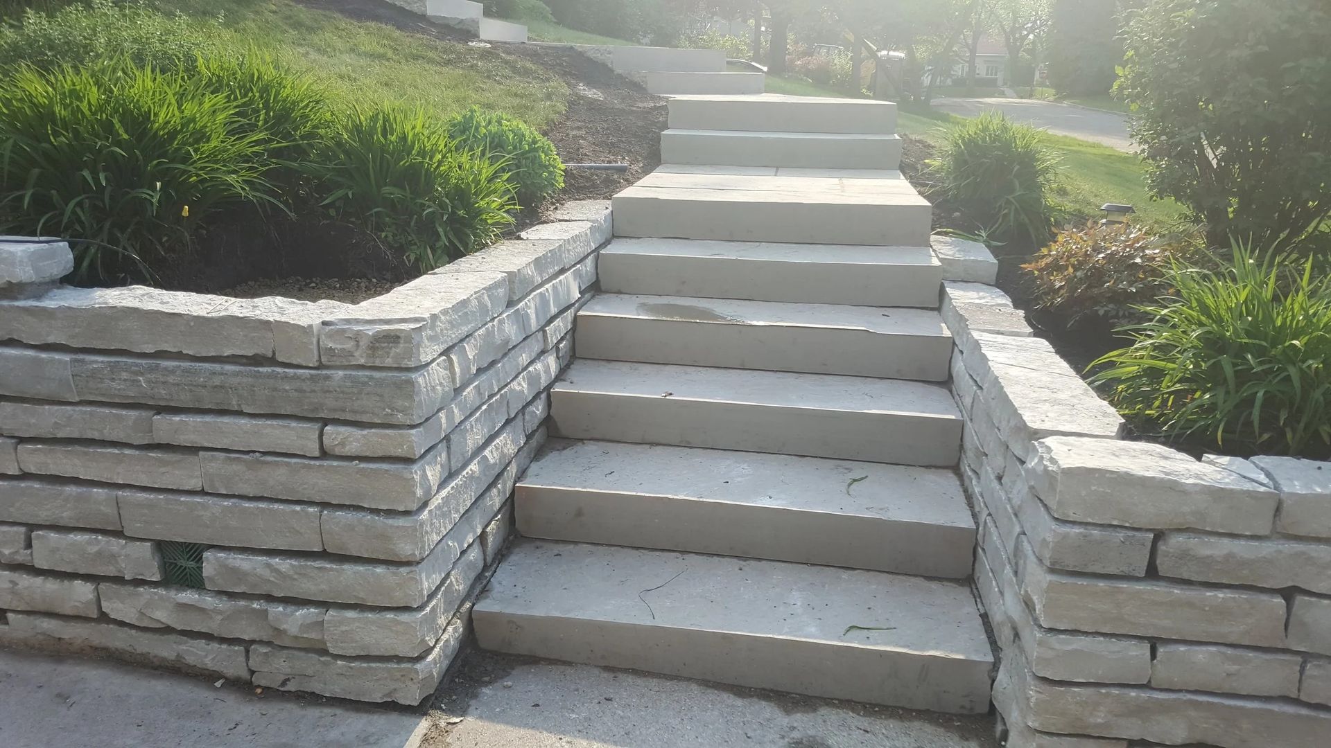 Stone stairway between retaining walls leading up a landscaped garden path, with sunlit greenery.