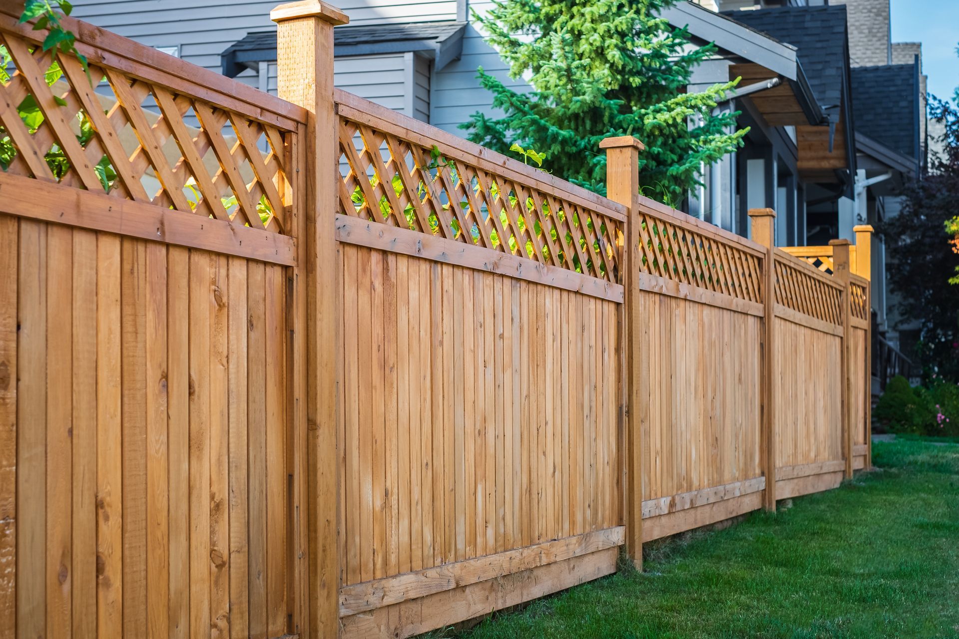 Wooden privacy fence with lattice tops along a suburban backyard, beside a green lawn and houses