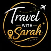 Travel with Sarah logo in black and gold with plane icon and location pin