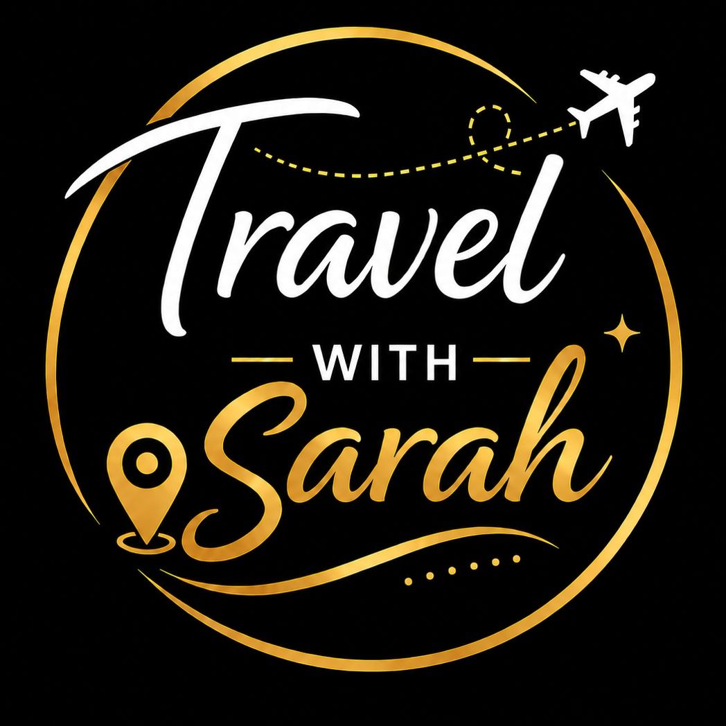 Travel with Sarah logo in black and gold with plane icon and location pin