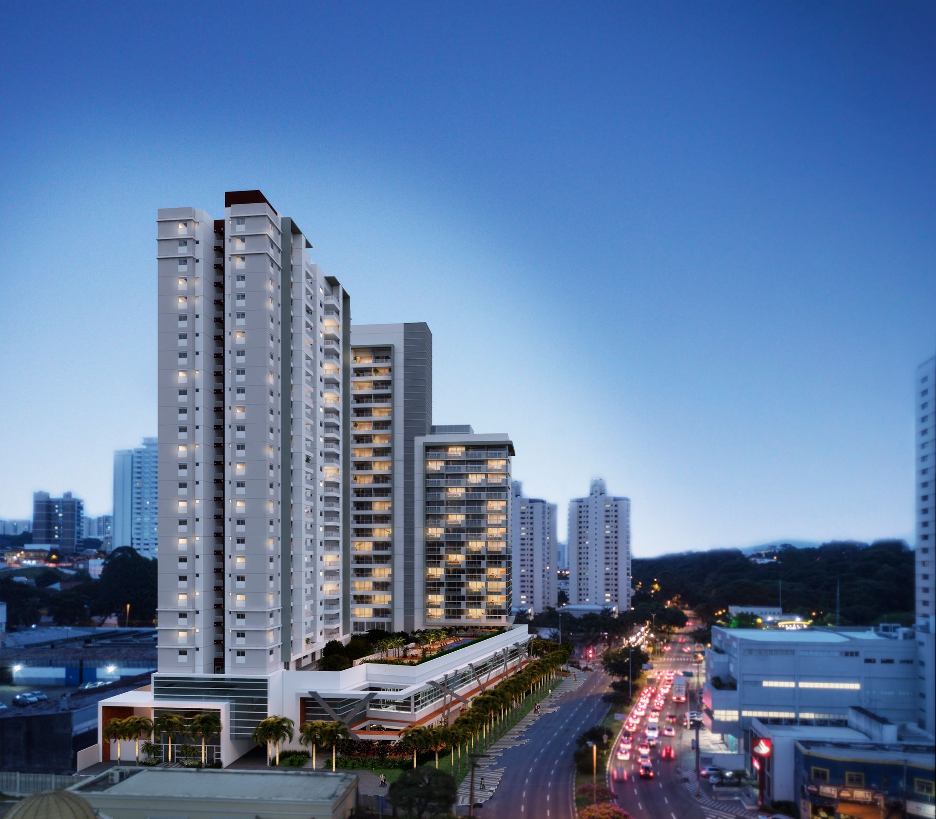 Impressão artística de um grande edifício próximo a uma rua.