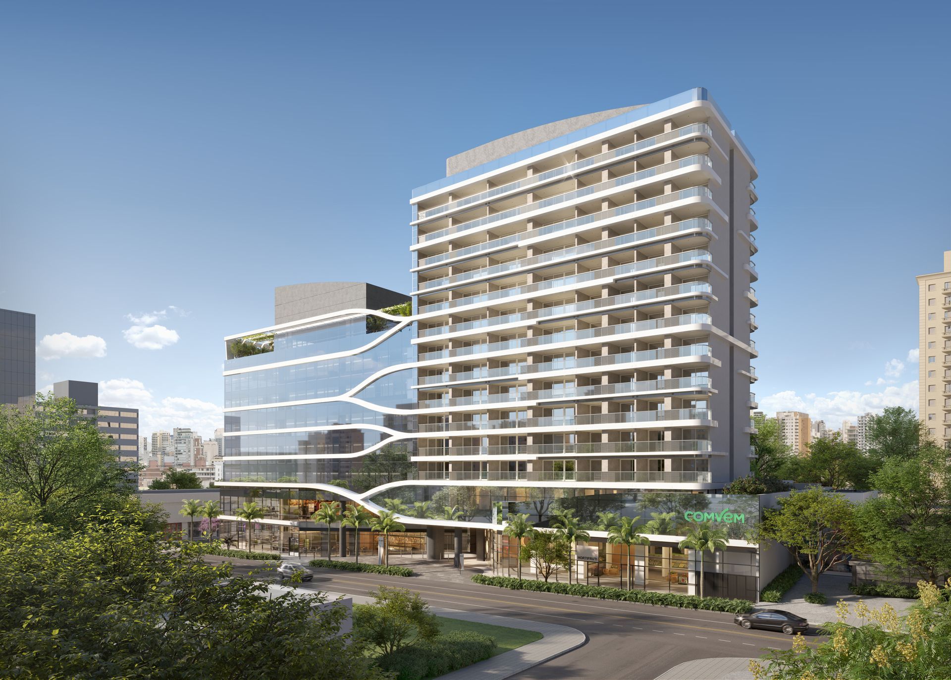 Uma impressão artística de um grande prédio de apartamentos em uma cidade.