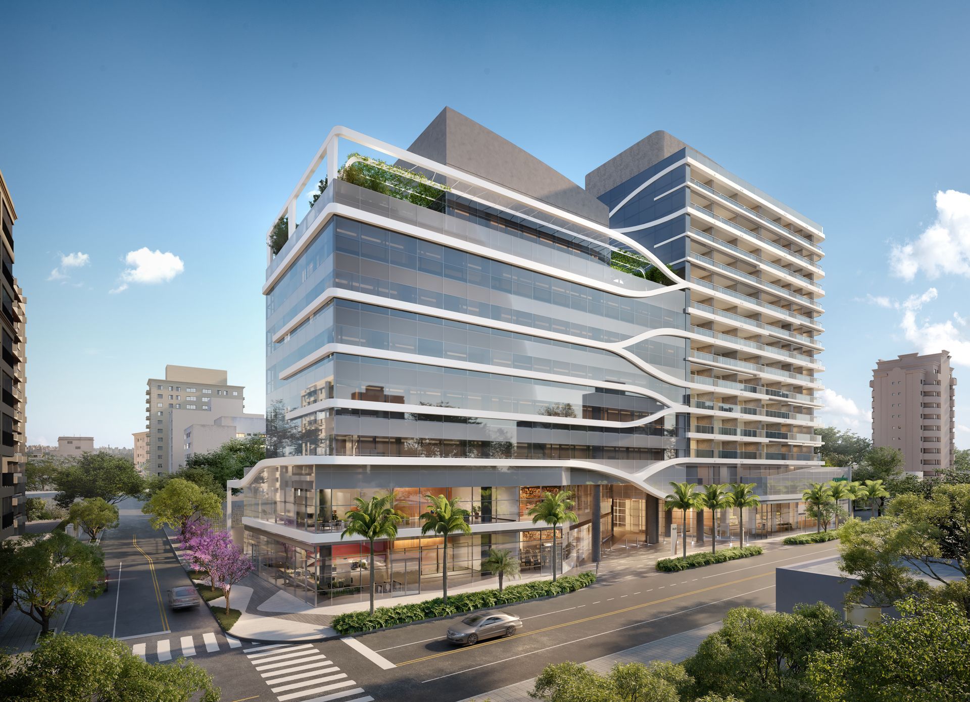 Uma impressão artística de um grande edifício no meio de uma cidade.