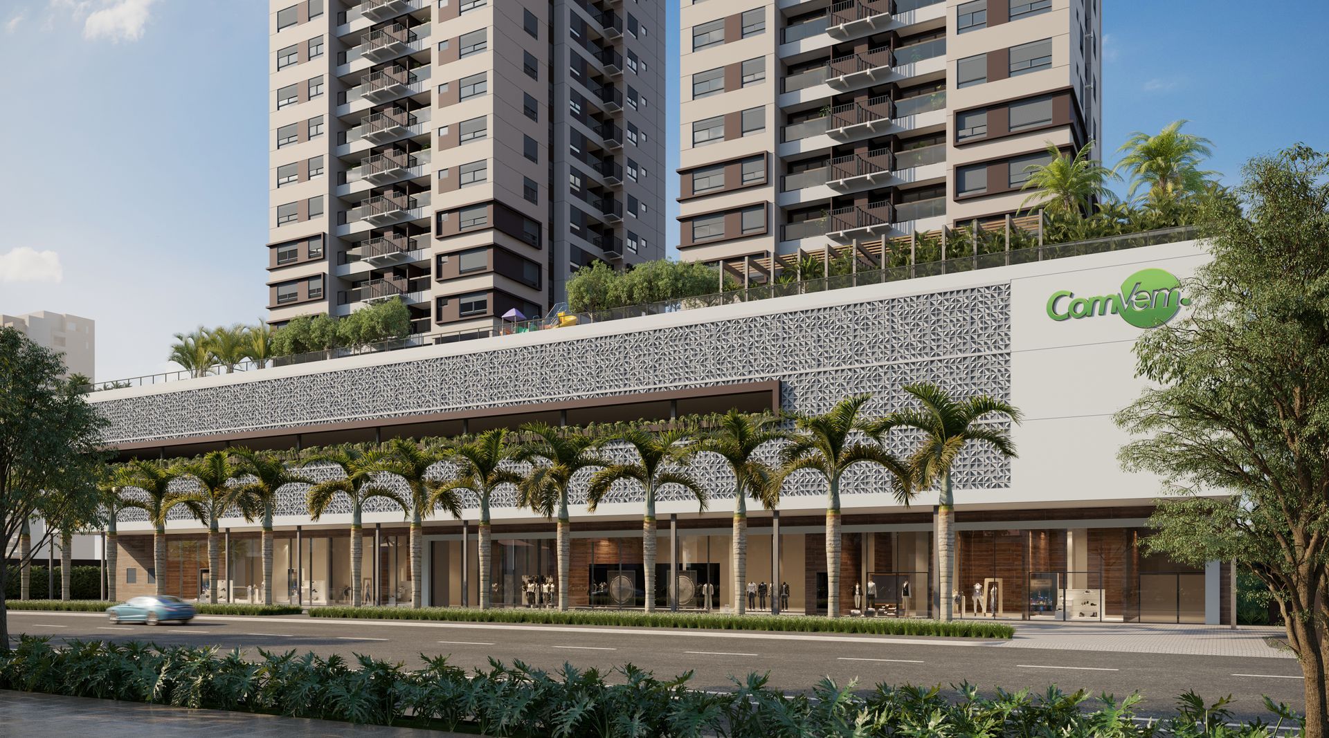 Impressão artística de um grande edifício próximo a uma rua.