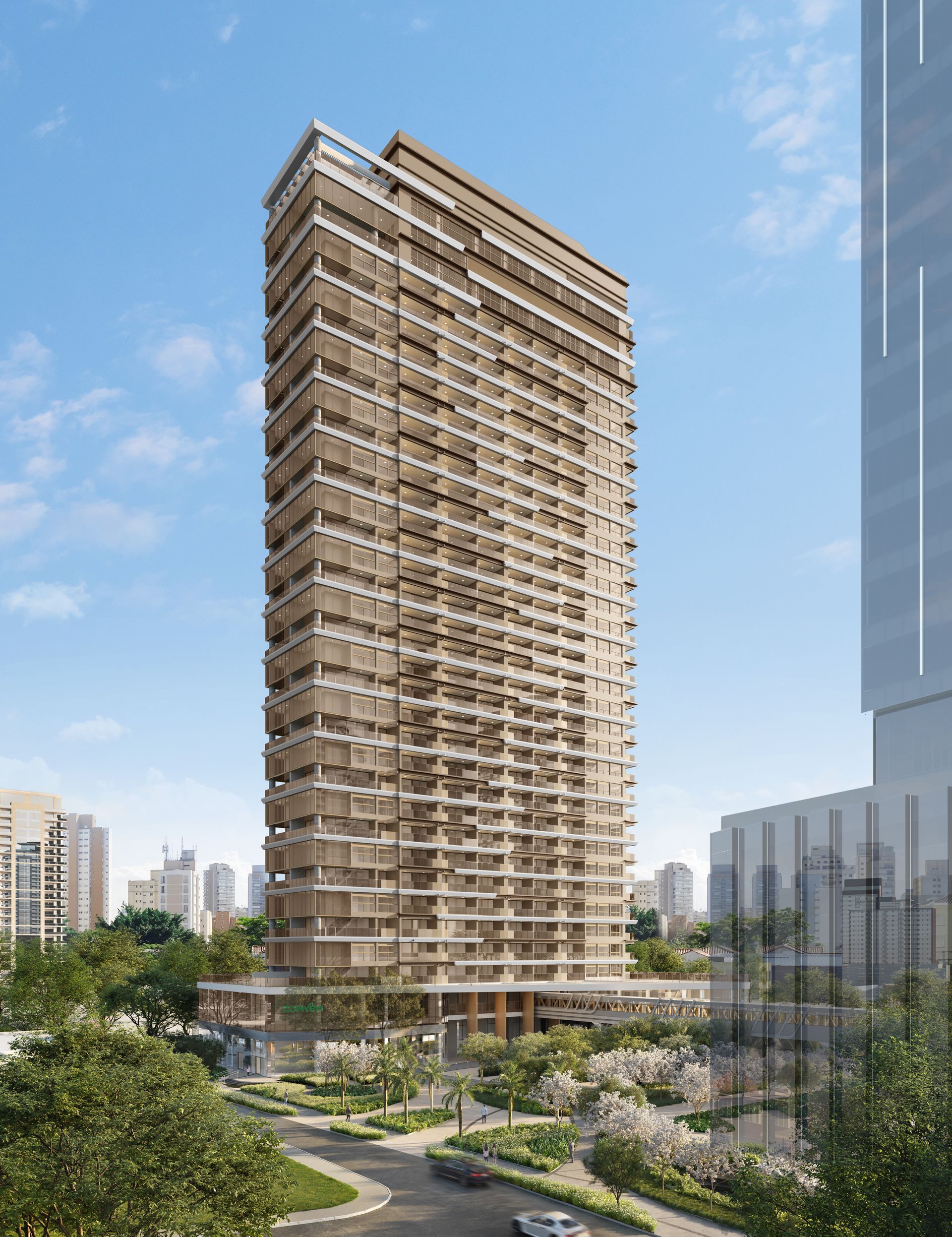 Uma impressão artística de um edifício alto no meio de uma cidade.