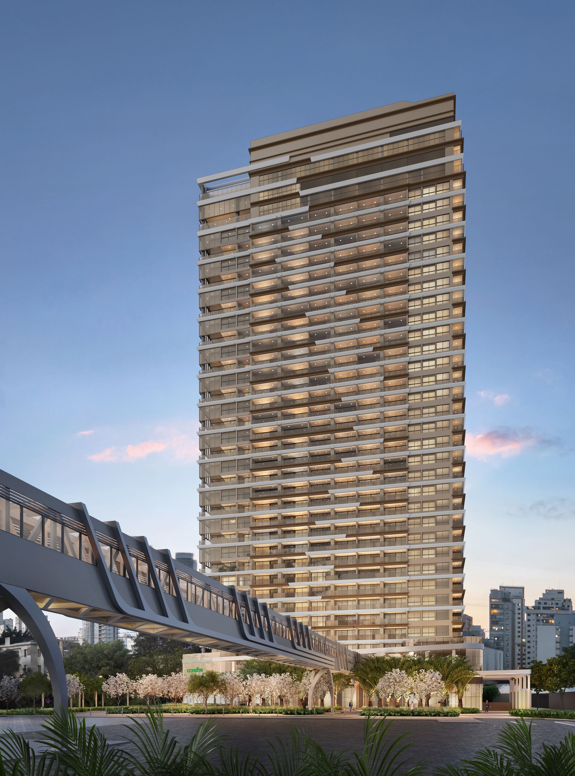Uma impressão artística de um edifício alto com uma ponte que conduz a ele.