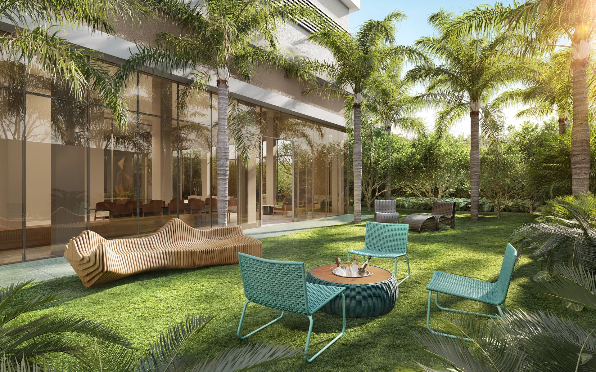 Uma impressão artística de um jardim verdejante com mesa e cadeiras.