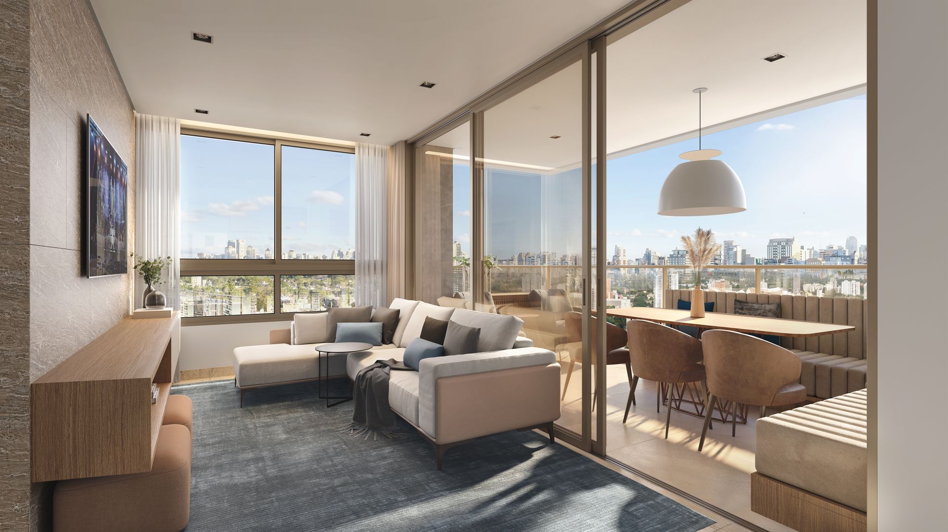 Impressão artística de uma sala de estar e sala de jantar com vista para a cidade.