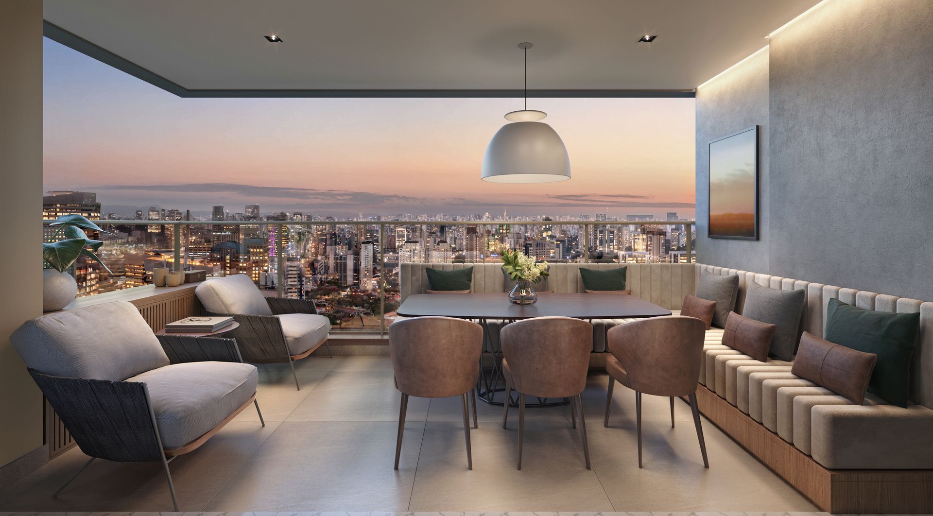 Impressão artística de uma varanda com mesa de jantar e cadeiras.