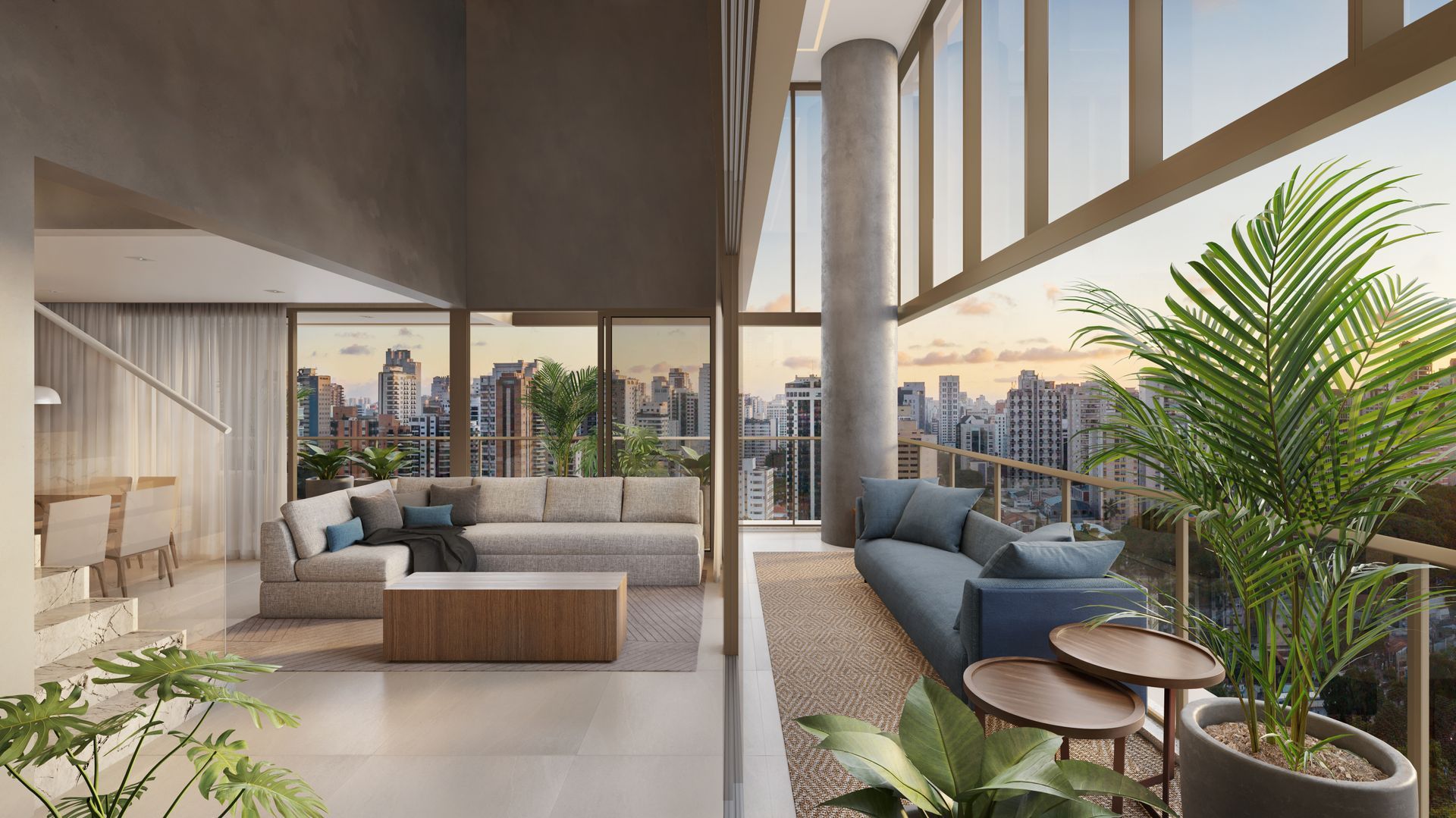 Impressão artística de uma sala de estar com vista para a cidade.
