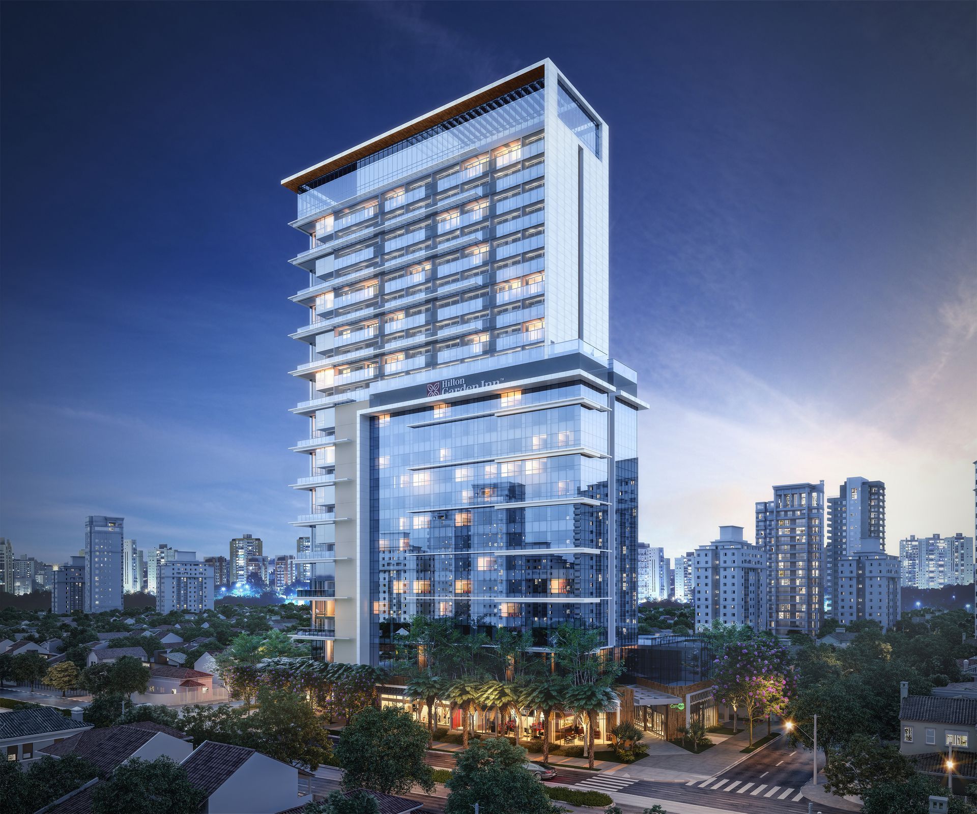 A impressão artística de um edifício alto em uma cidade