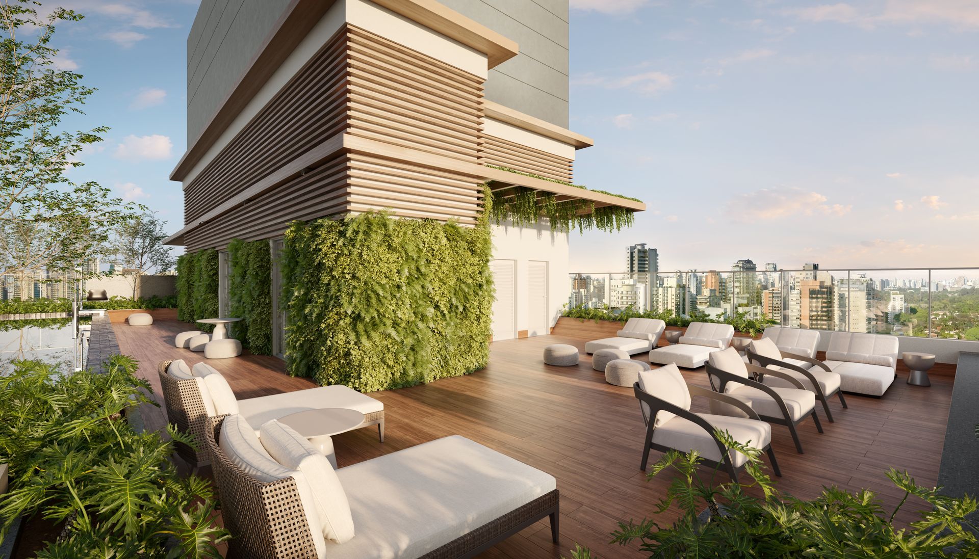 Uma impressão artística de um terraço na cobertura com cadeiras e mesas.