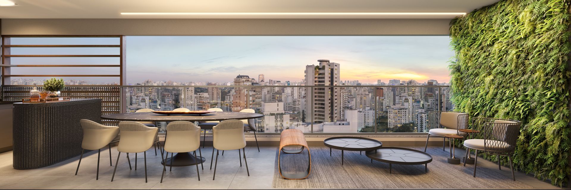 Impressão artística de uma varanda com mesa de jantar e cadeiras.