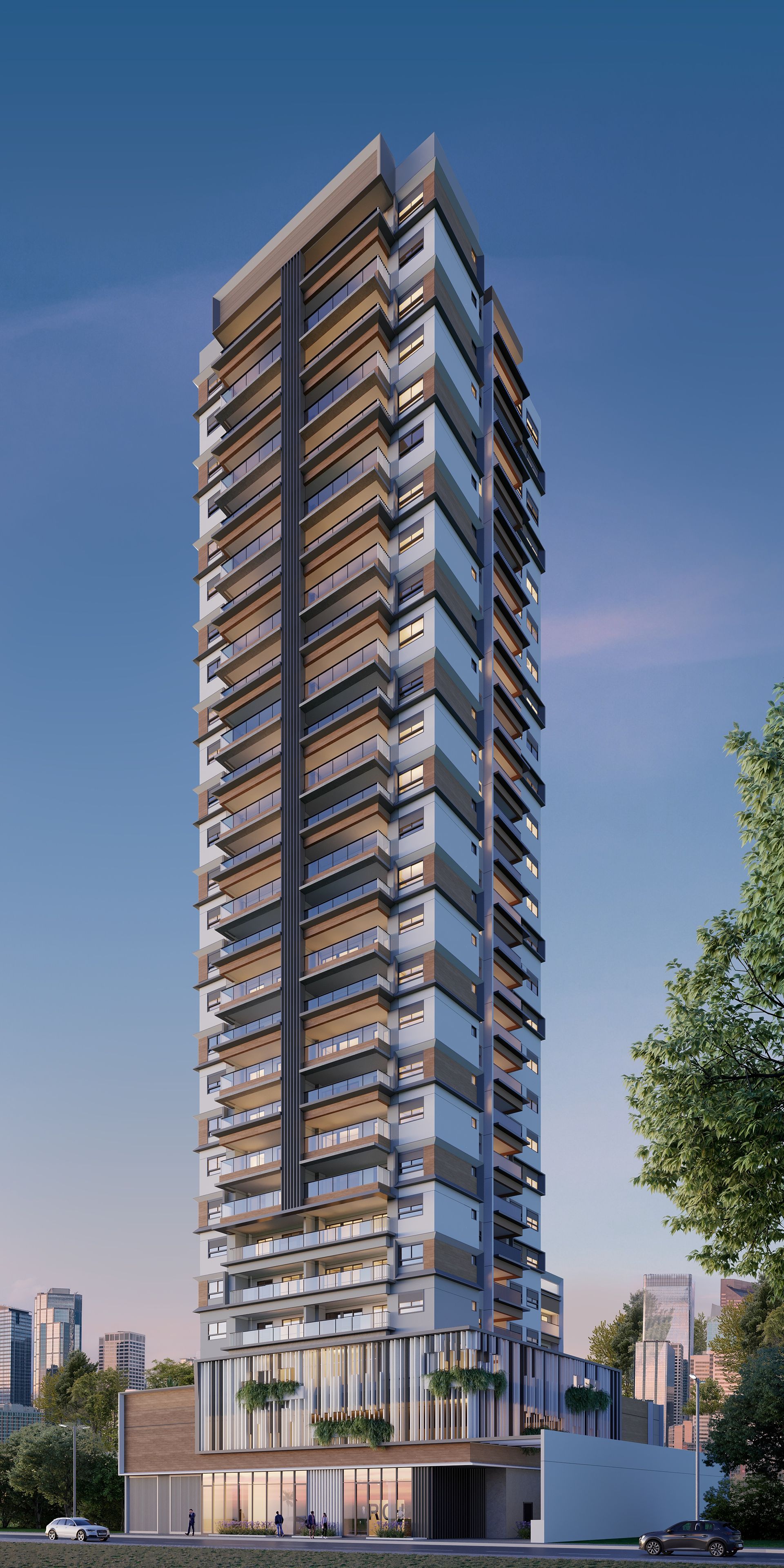 Uma impressão artística de um edifício alto com muitas varandas.