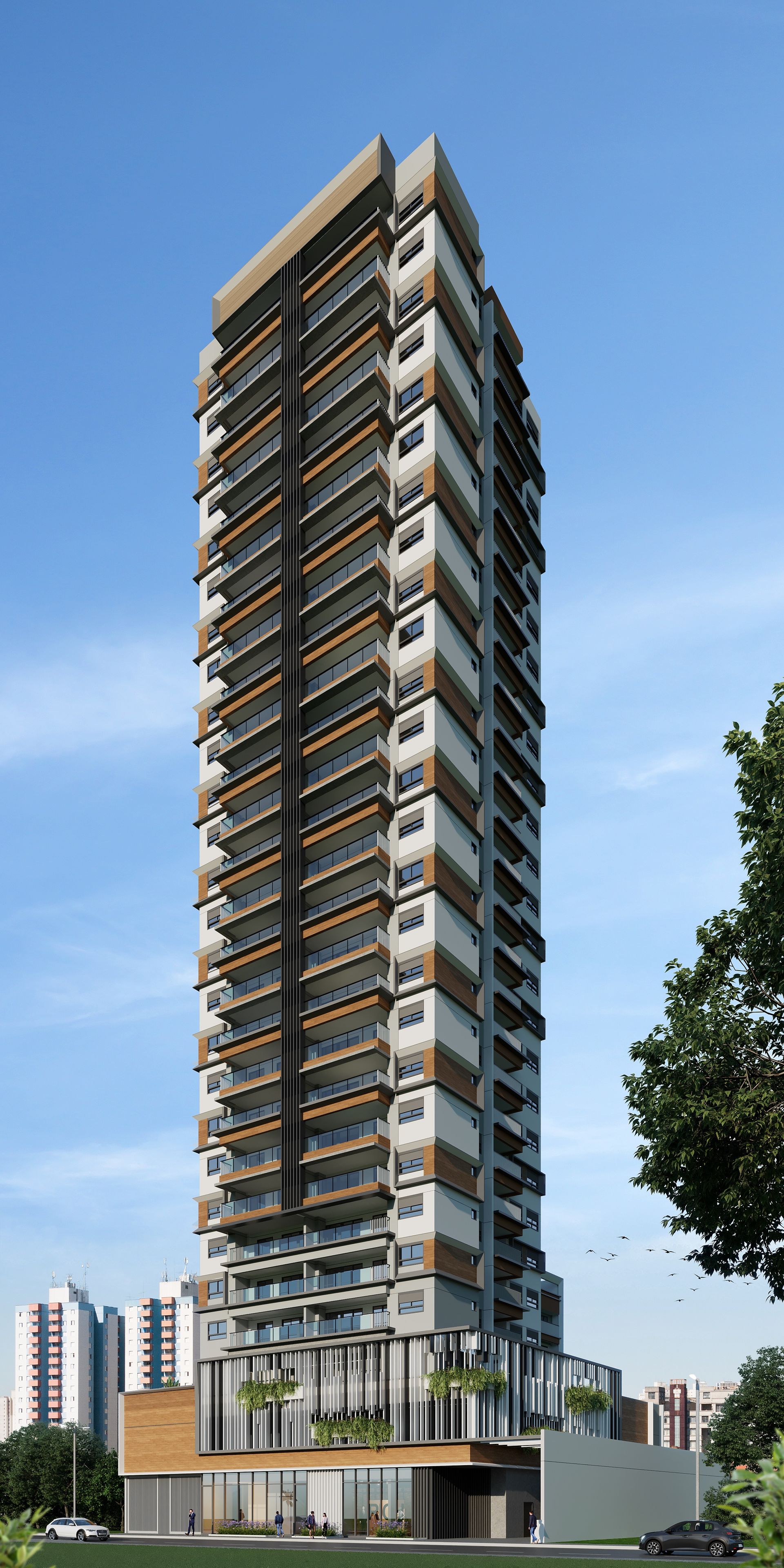 A impressão artística de um edifício alto numa cidade.