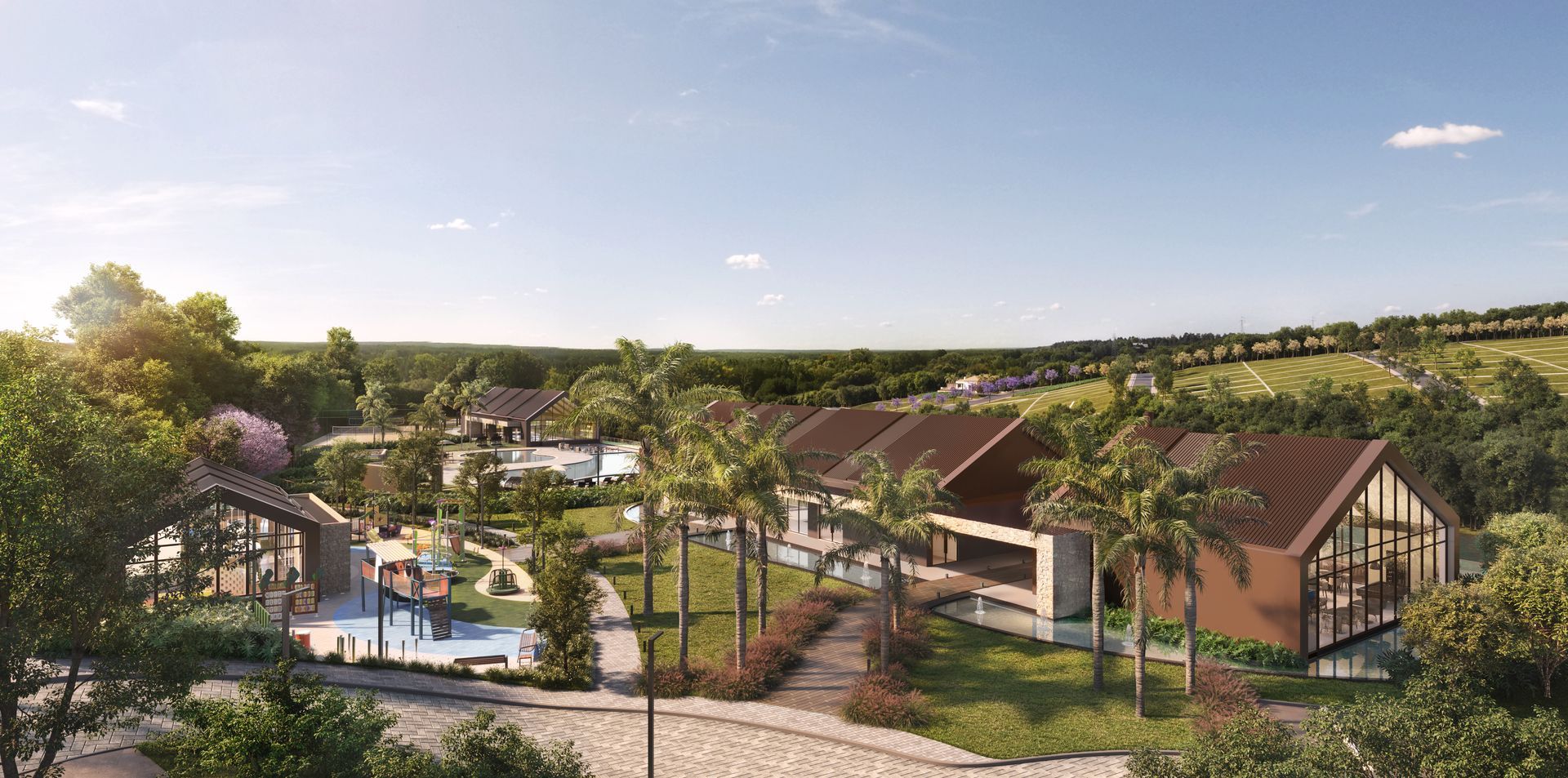 Uma vista aérea de uma casa cercada por árvores e uma piscina.