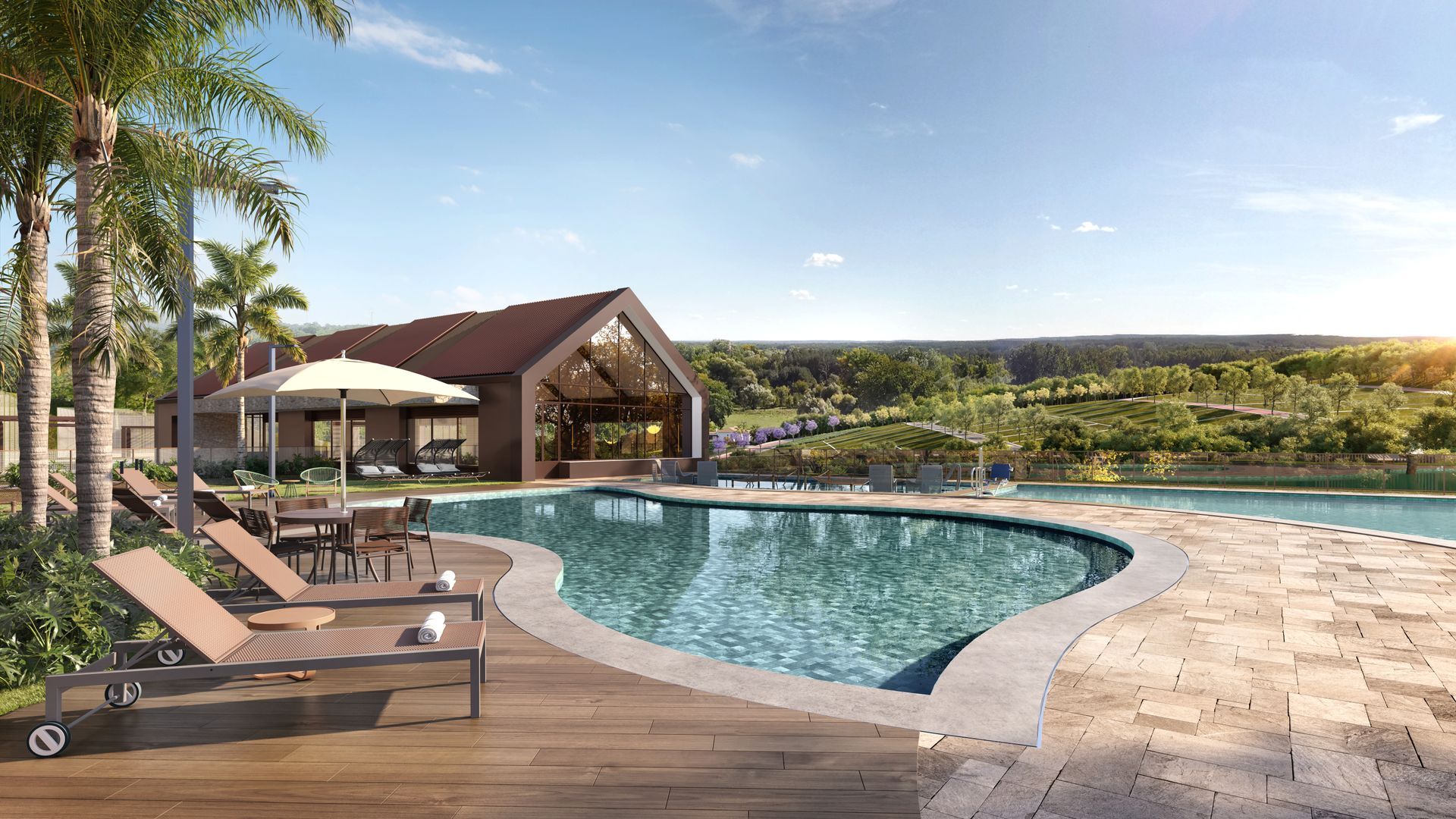 Impressão artística de uma piscina com uma casa ao fundo.