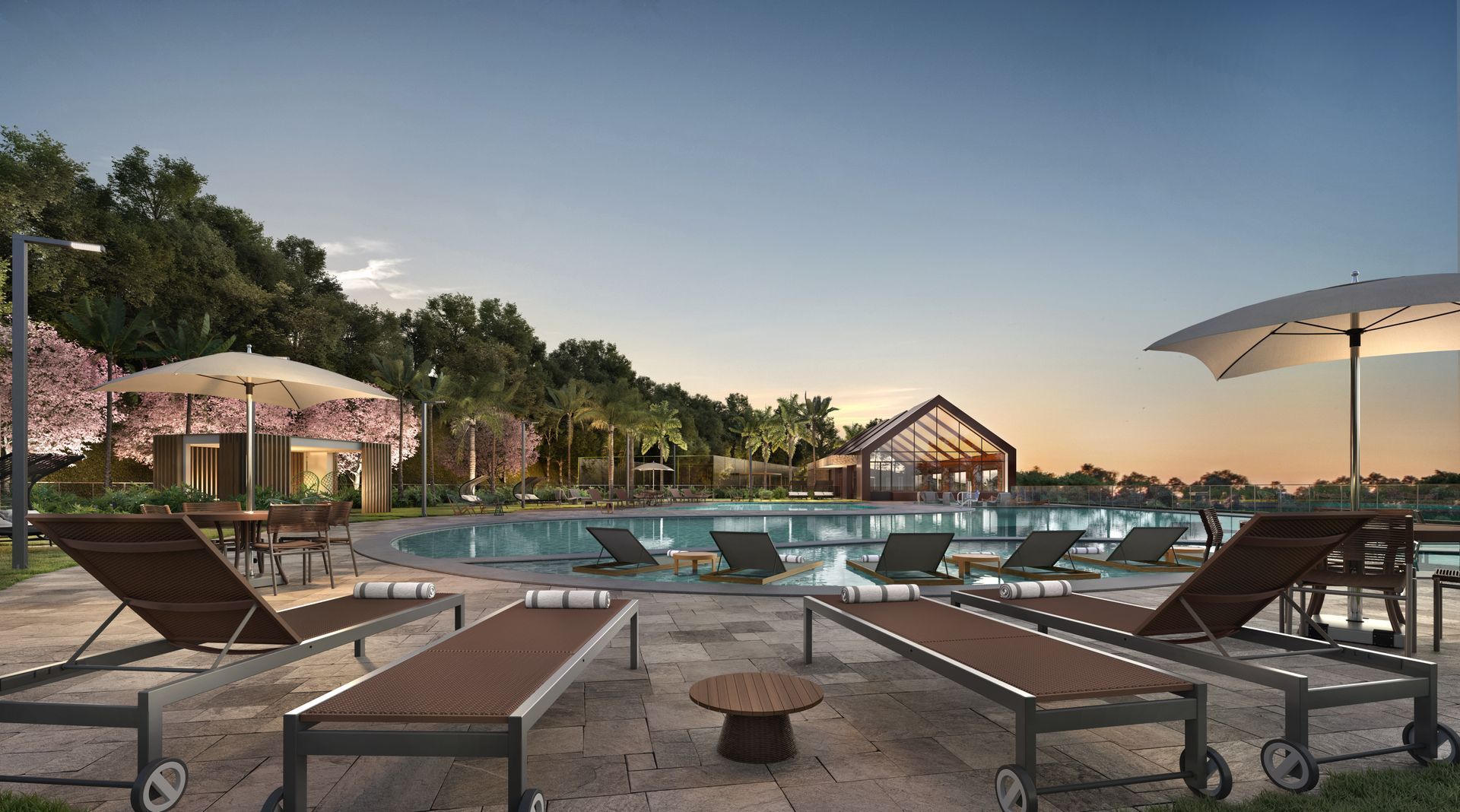 Impressão artística de uma piscina com espreguiçadeiras e guarda-sóis