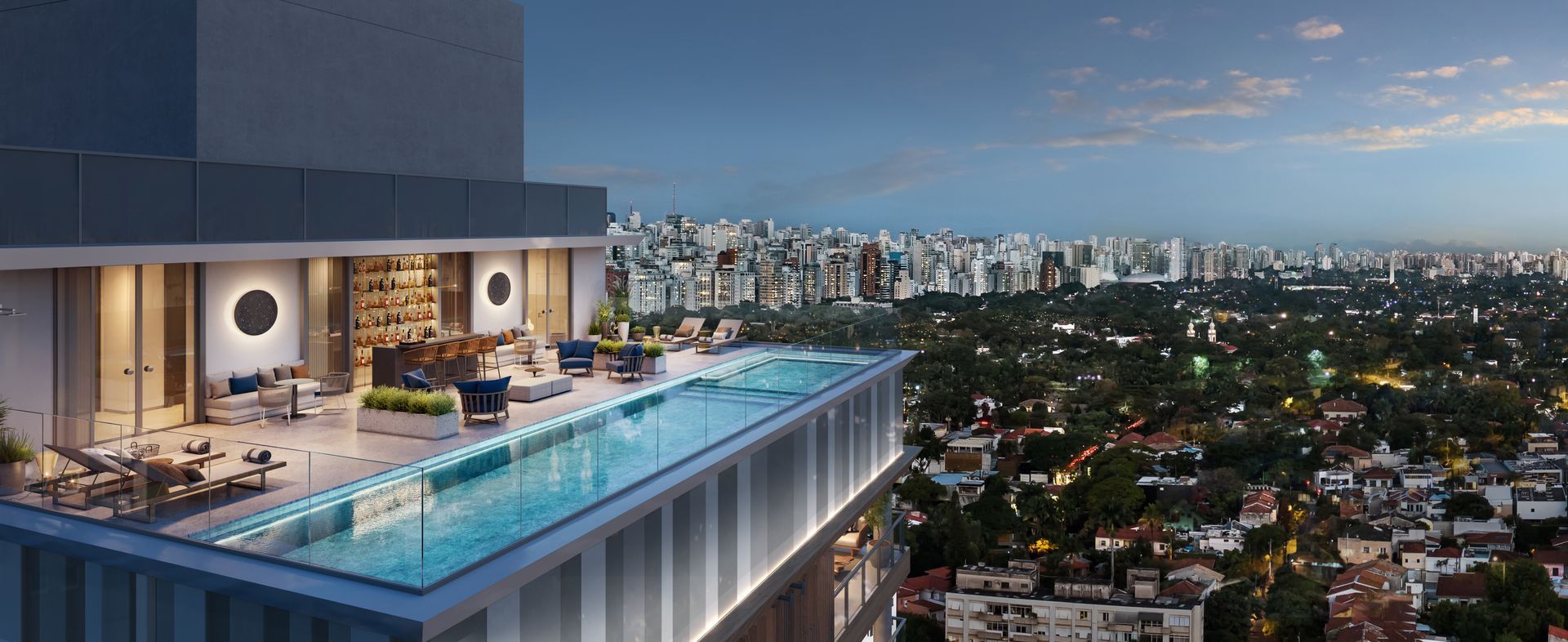 Uma impressão artística de uma piscina no topo de um edifício com vista para uma cidade.