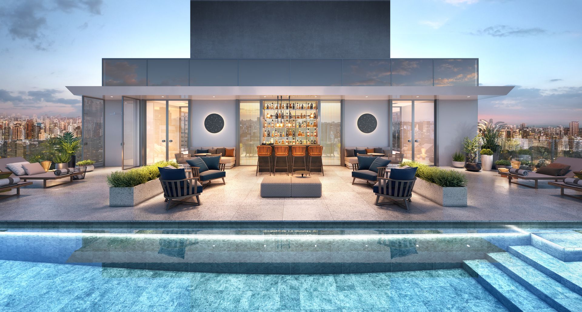 Impressão artística de um terraço na cobertura com piscina e bar.