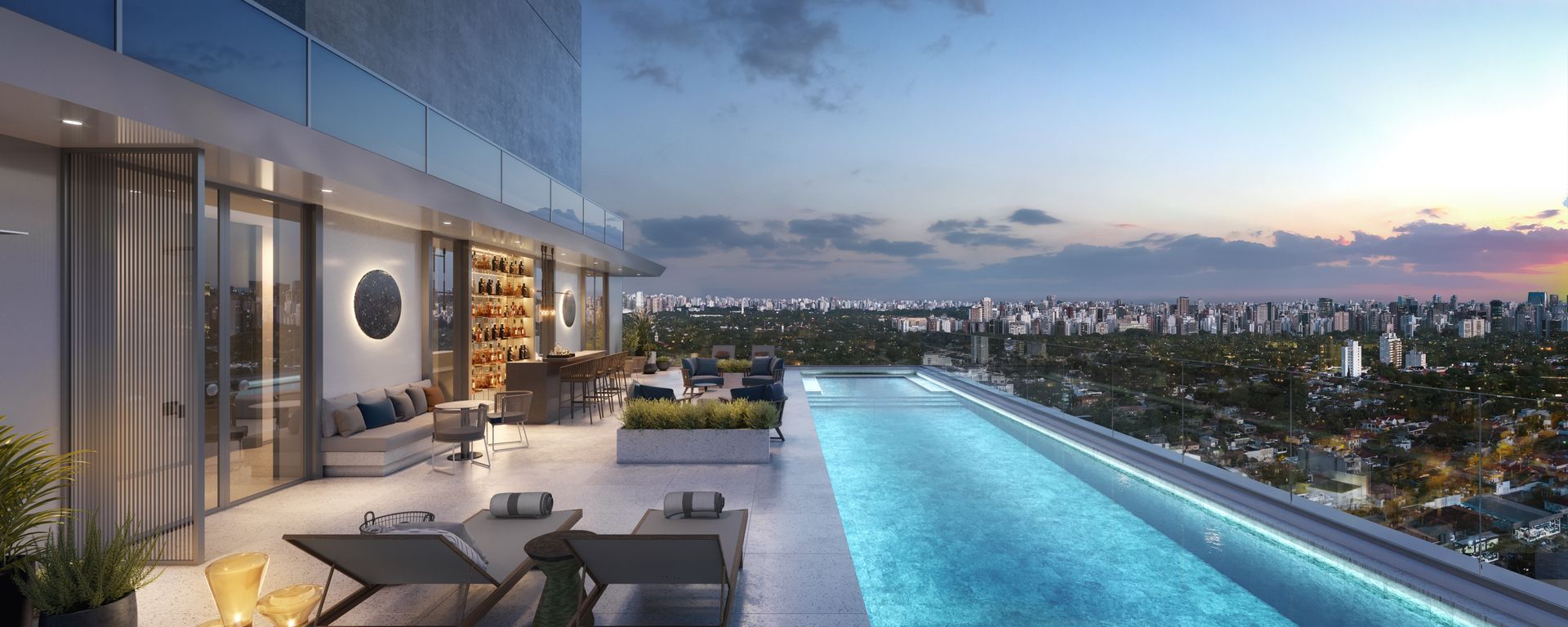 Impressão artística de uma piscina na cobertura de um edifício.