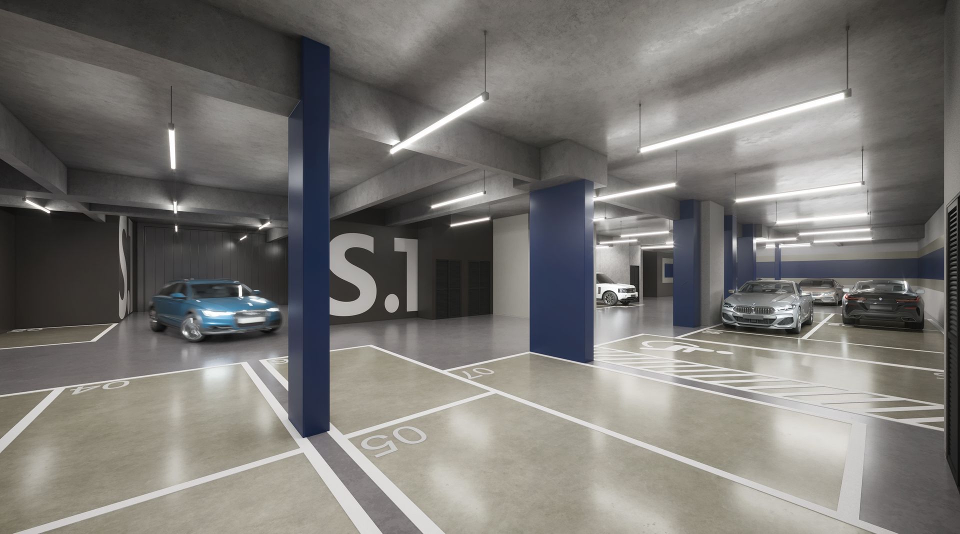 Uma representação de uma garagem com carros estacionados nela.