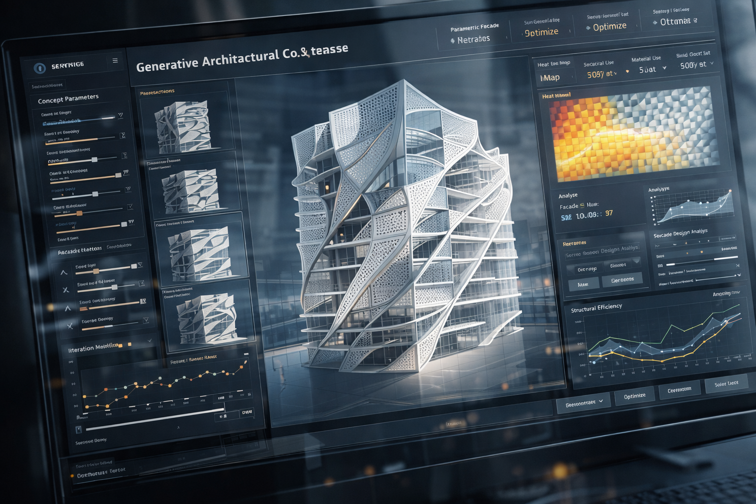Tela de computador exibindo um modelo 3D de um edifício com design sinuoso, com visualizações de dados e um fundo escuro.