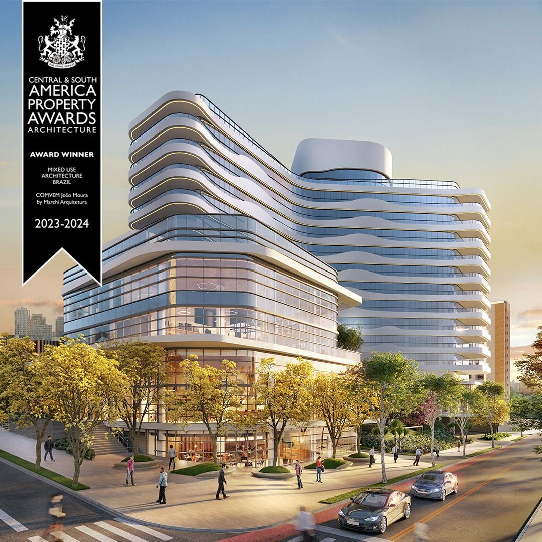 Uma impressão artística de um grande edifício com uma placa que diz America Property Awards.