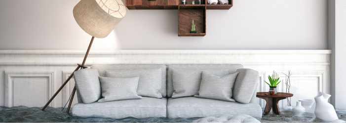 Flood in a house with furniture floating