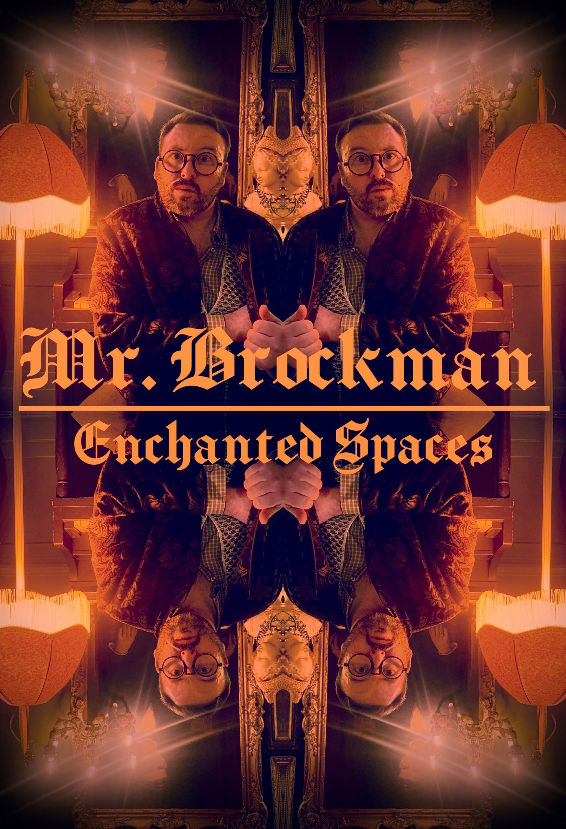 Mirrored kaleidoscope portrait in a velvet robe, lit in orange candlelight.