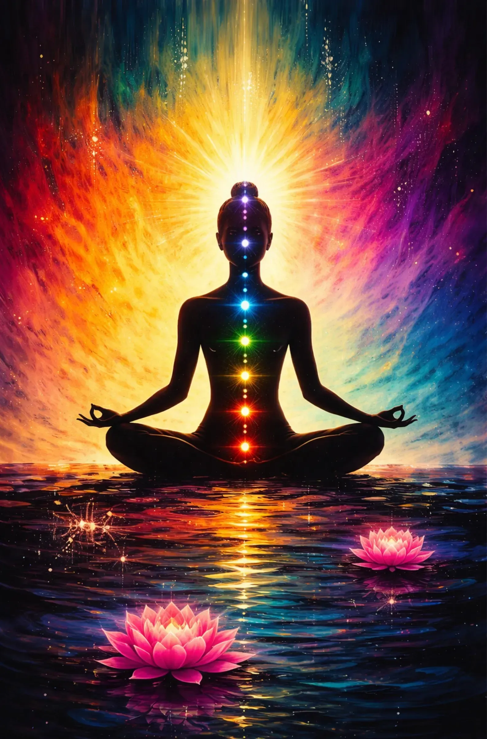 Een silhouet van iemand die op het water mediteert, met gloeiende chakra’s en een kleurrijke aura, omringd door lotusbloemen