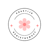Rond logo met een roze bloem en sterren, met de tekst 