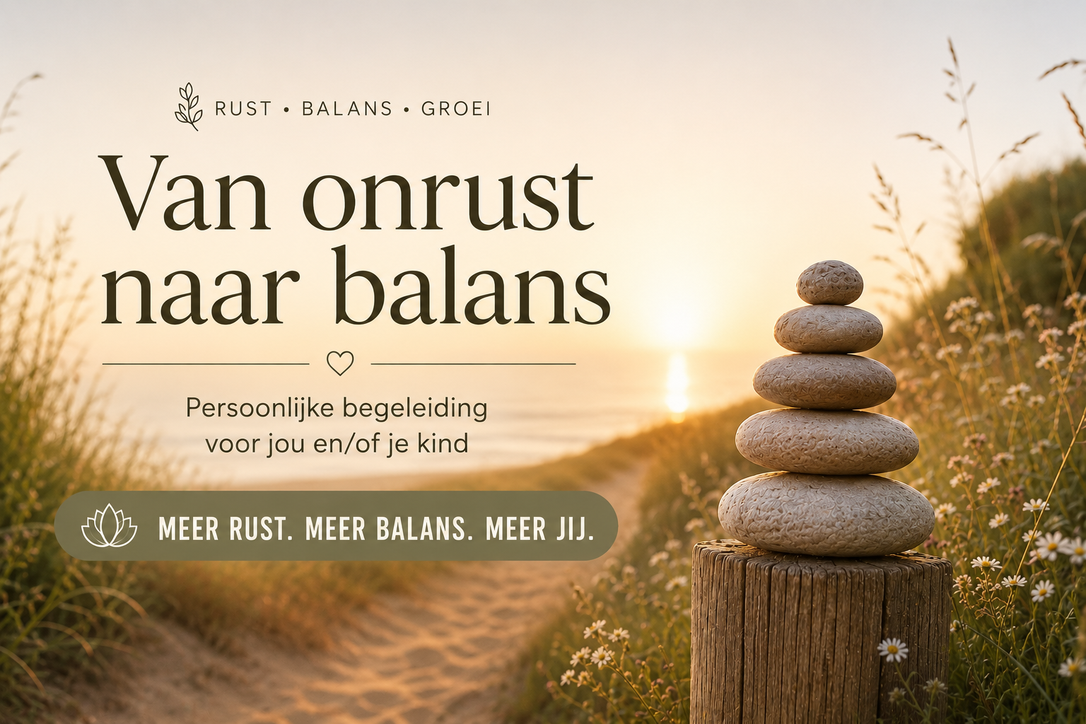 Steenpiramide in warm zonlicht met titel “Van onrust naar balans” over een veld bij zonsopgang