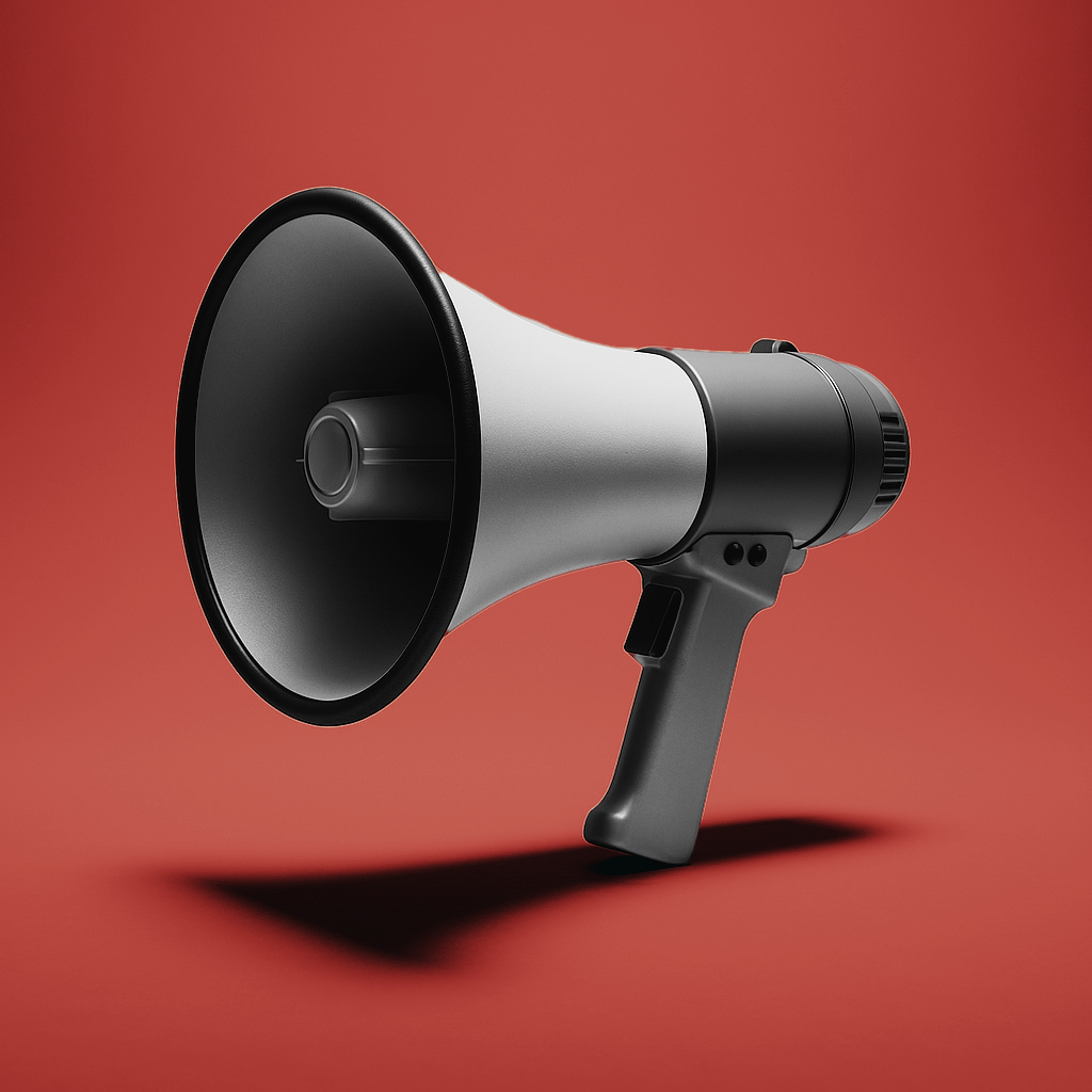 Megaphone against a red background. White cone, black body and handle. Shadow below.