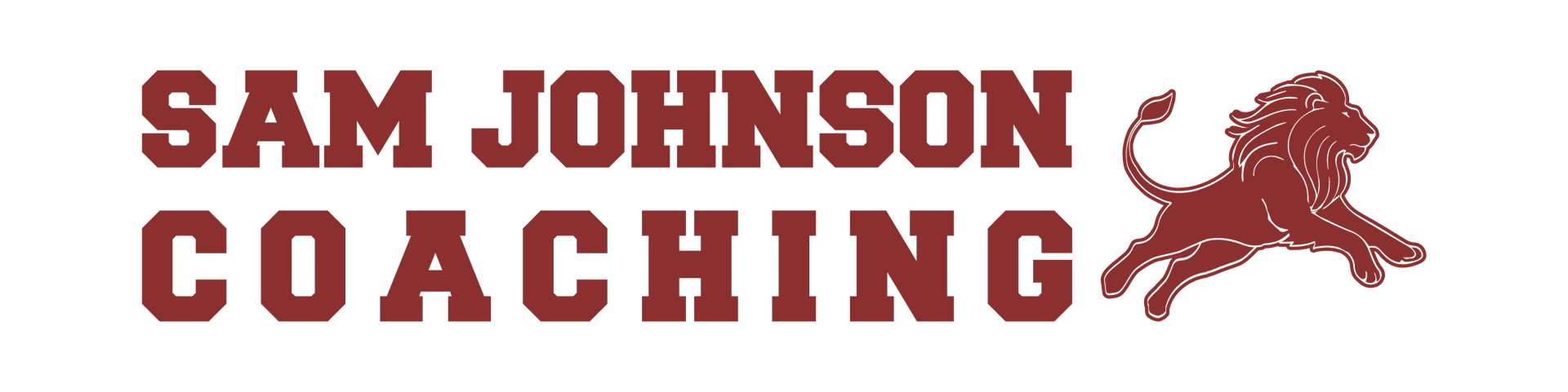 Sam Johnson Coaching logo featuring text and a lion illustration, both in maroon.