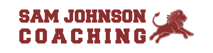 Sam Johnson Coaching logo featuring text and a lion illustration, both in maroon.