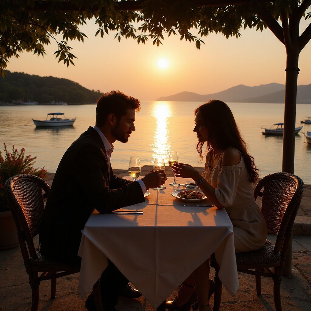 Couple toasting with wine at sunset over water, sitting at table.
